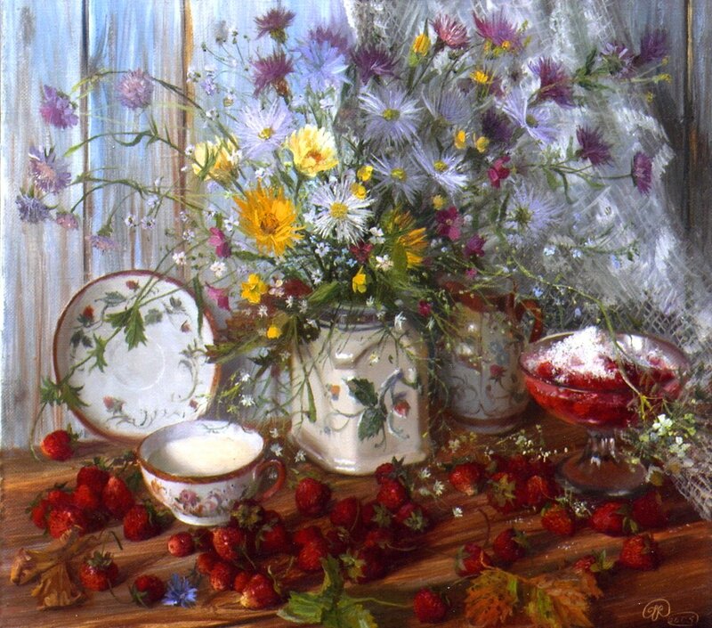 Strawberries and Flowers — Red, Serene, Summer