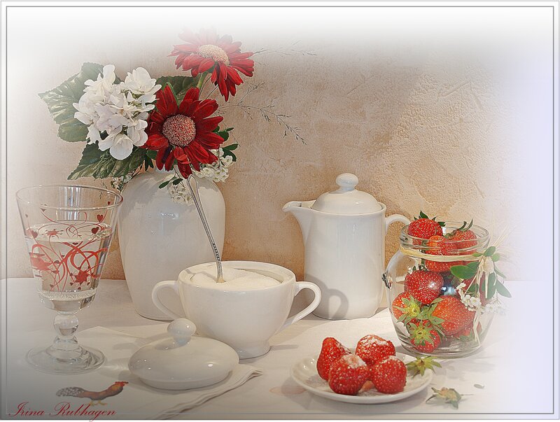 Strawberries and Flowers — White, Serene, Photograph