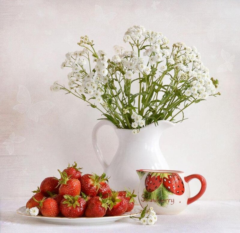Strawberries and Flowers — White, Serene