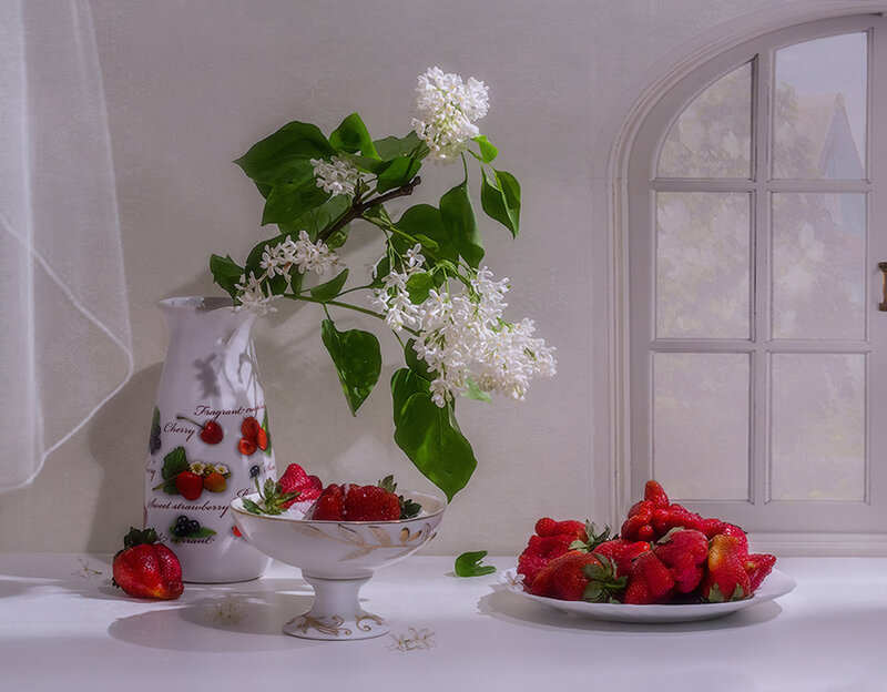 Strawberries and Lilac Flowers