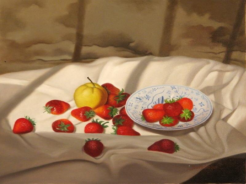 Strawberries and Pear on Cloth