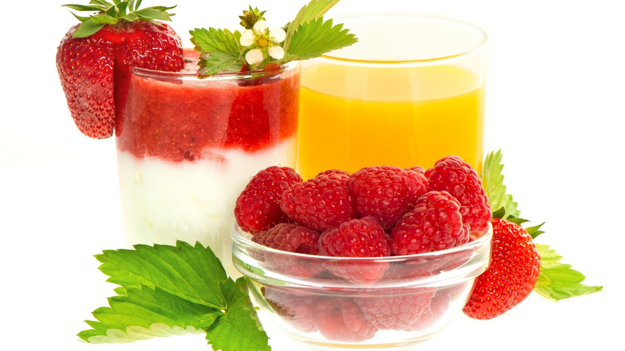 strawberries and raspberries with drinks