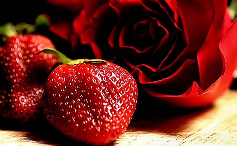 strawberries and red rose