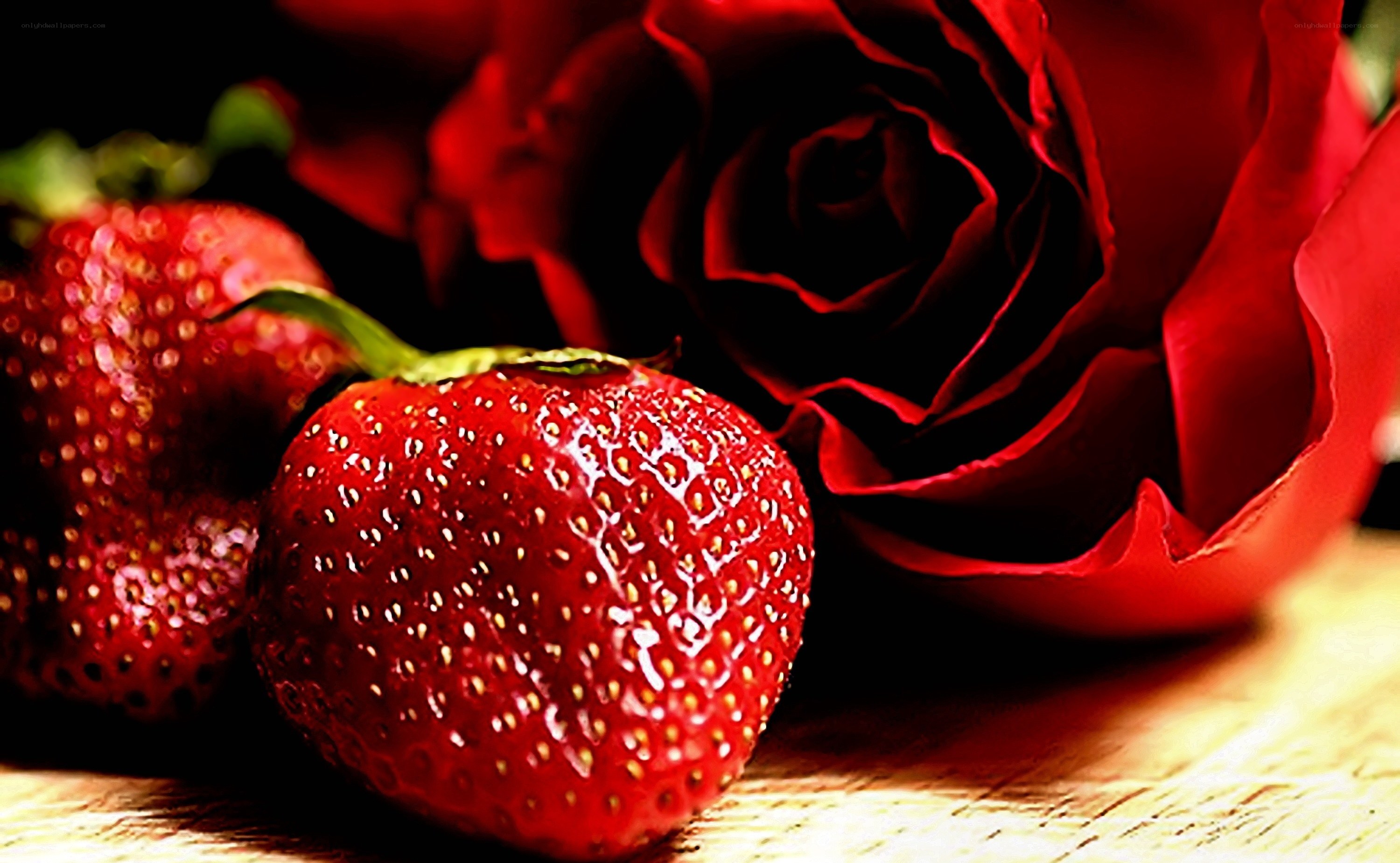 strawberries and red rose