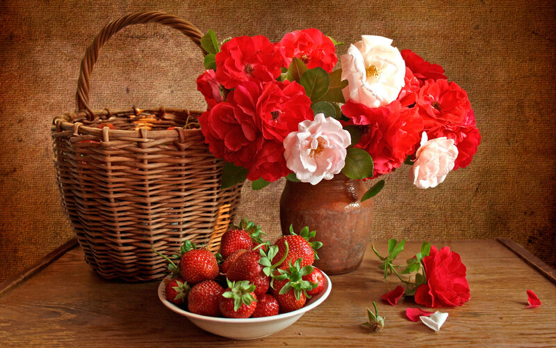 Strawberries and Roses — Red, Calm, Photograph, Basket, Bowl