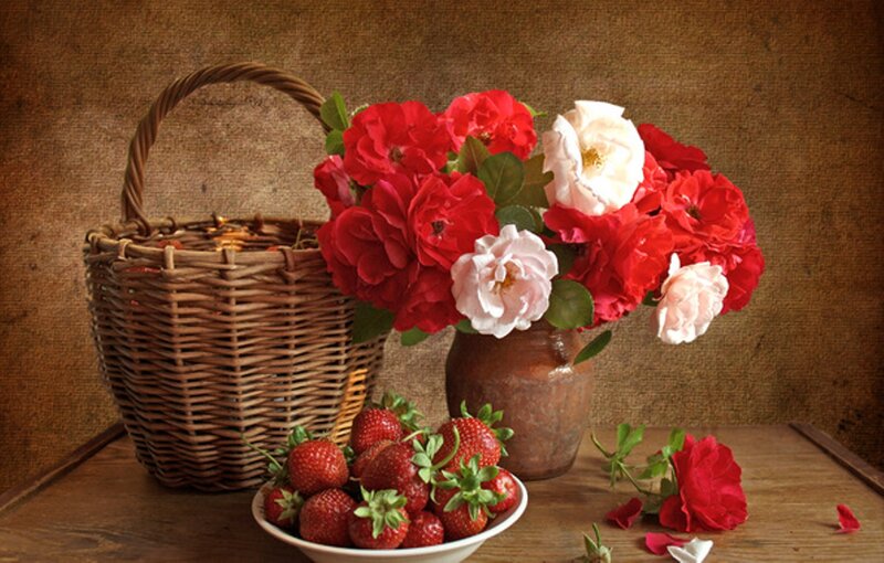 Strawberries and Roses — Red, Calm, Photograph, Basket