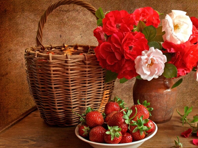 Strawberries and Roses — Red, Calm, Photograph, Basket, Vase