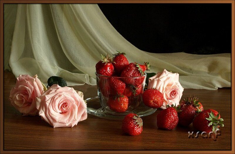 Strawberries and Roses — Red, Serene, Photograph