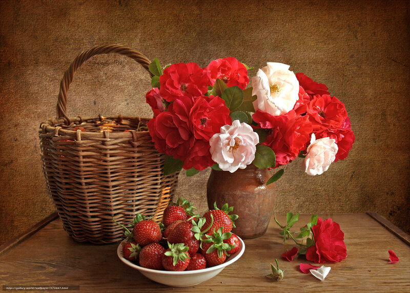 Strawberries and roses still life