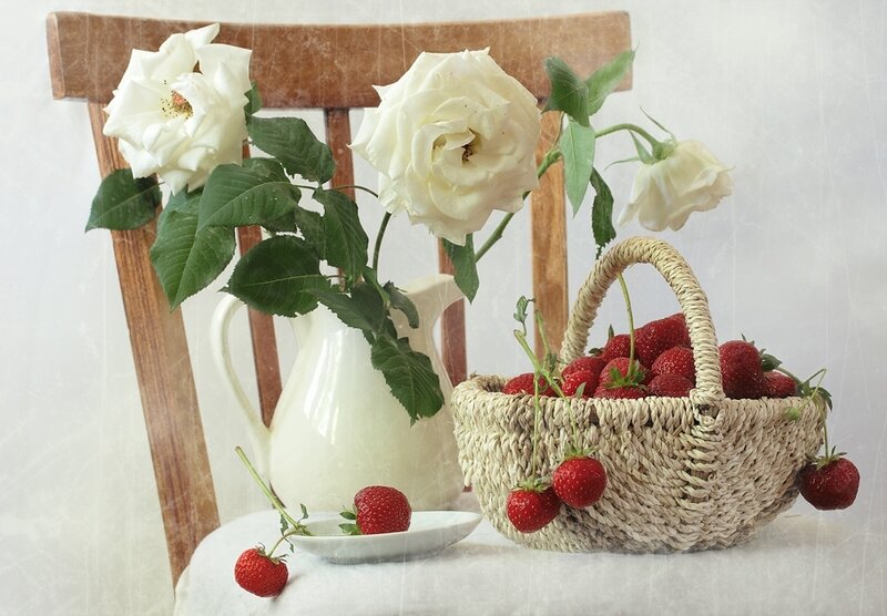strawberries and white roses