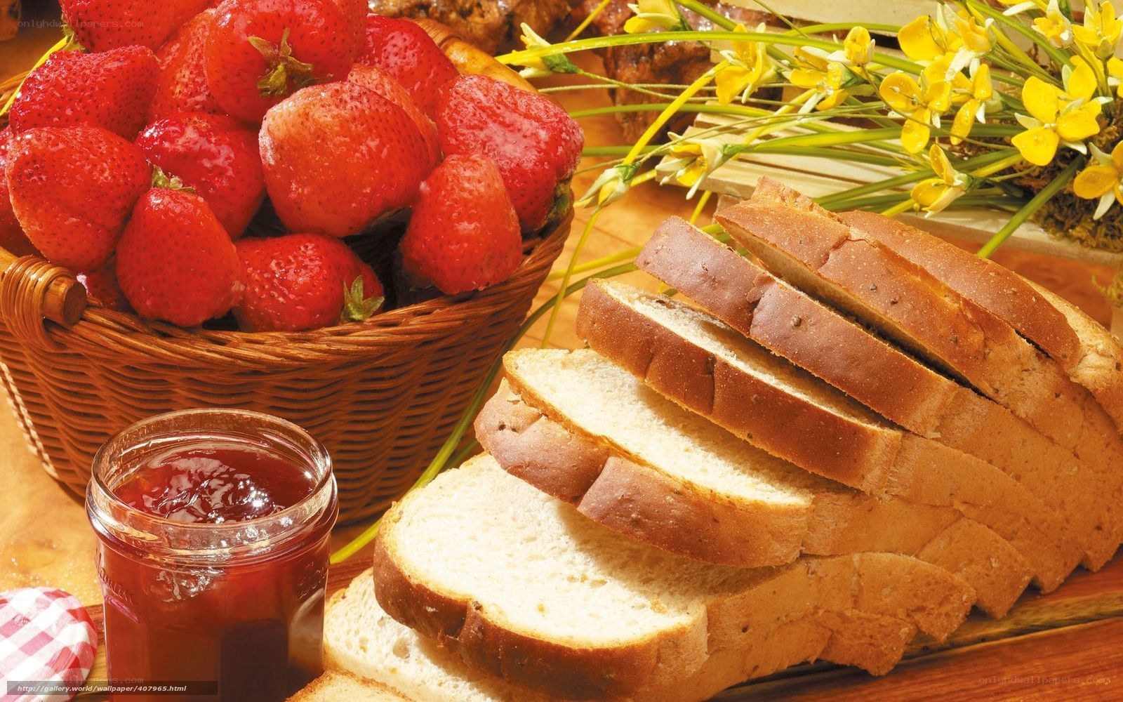 Strawberries, bread, and jam