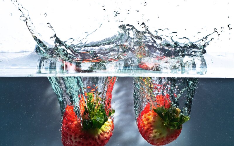 Strawberries Falling into Water — Red, Dynamic, Photograph