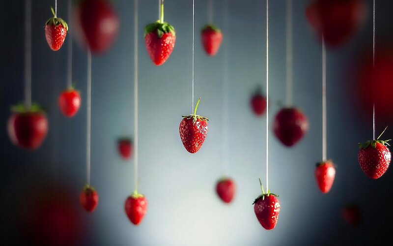 Strawberries Hanging from Strings — Red