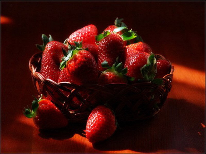 Strawberries in a Basket — Red, Dramatic, Photograph