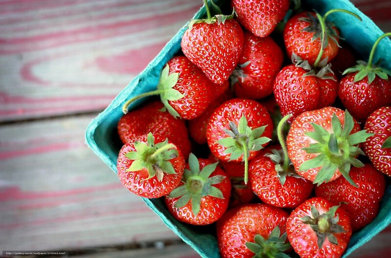 Strawberries in a Basket — Red, Fresh, Photograph, Wooden Surface