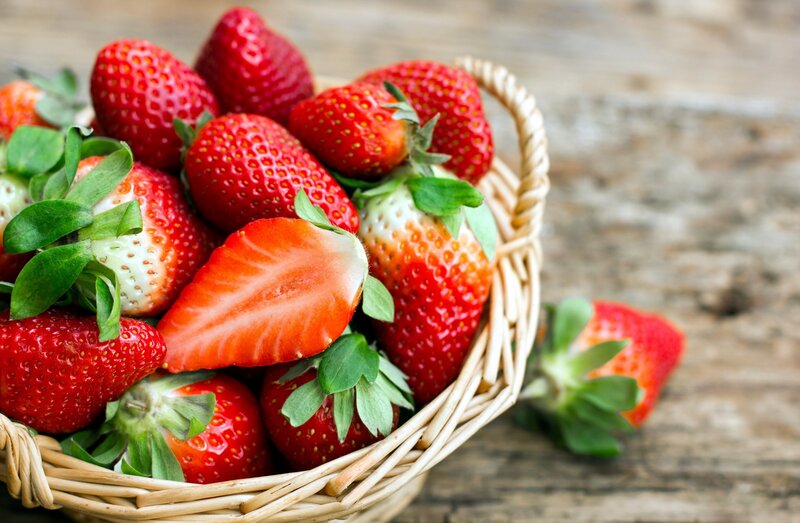 Strawberries in a Basket — Red, Natural, Photograph, Wooden Surface