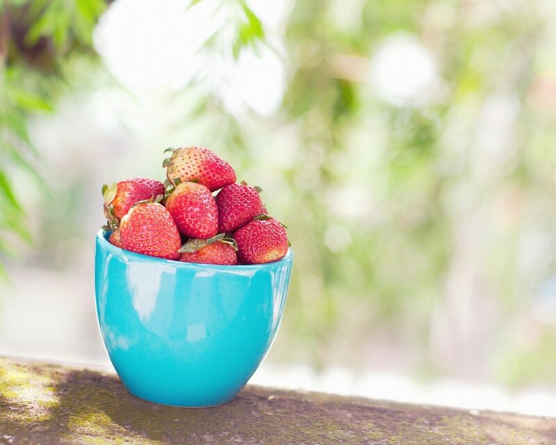 Strawberries in a blue bowl