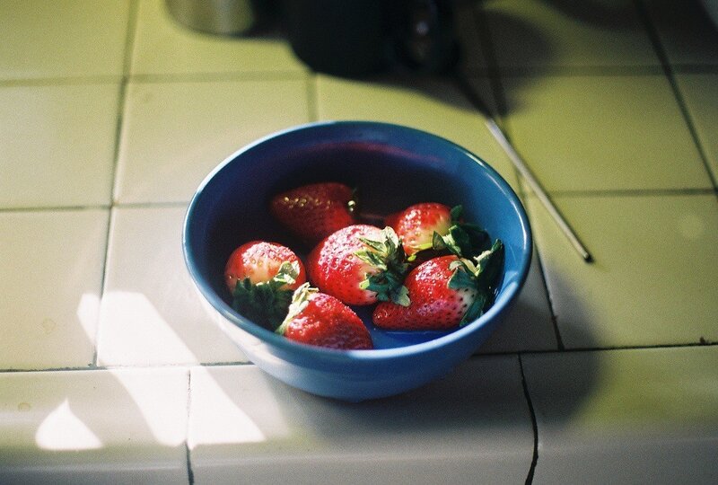 Strawberries in a Blue Bowl — Serene, Morning