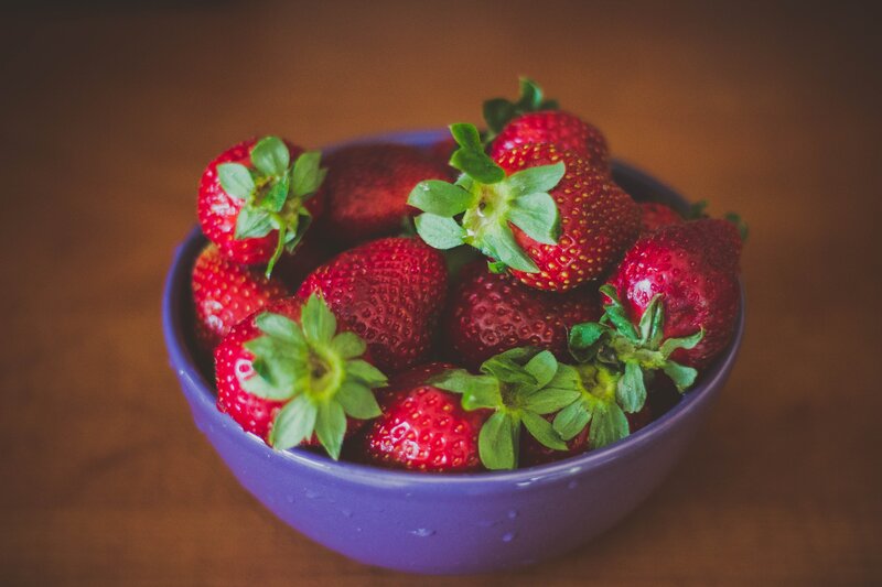 Strawberries in a Bowl — Red, Calm, Photograph, Table