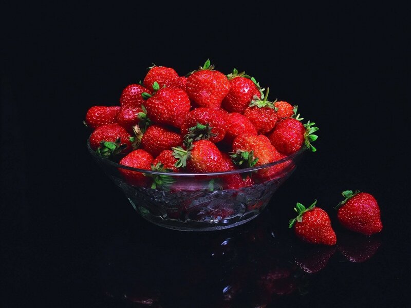 Strawberries in a Bowl — Red, Dramatic, Photograph, Table