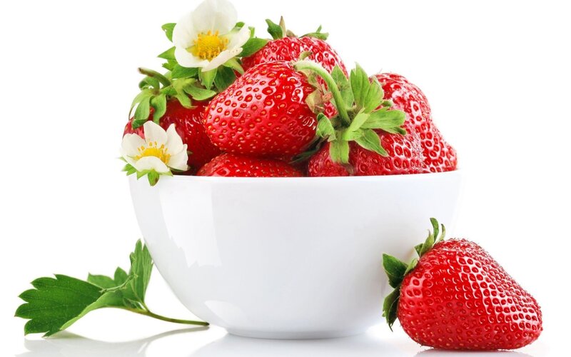 Strawberries in a Bowl — Red, Fresh, Photograph, Flowers, Leaves