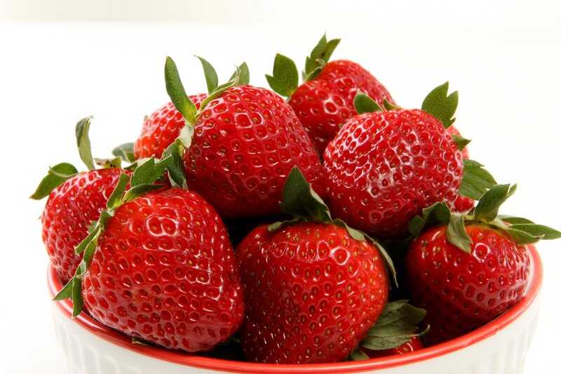 Strawberries in a Bowl — Red, Fresh, Photograph, Green Leaves