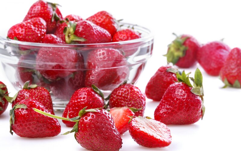Strawberries in a Bowl — Red, Fresh, Photograph, Green Stems