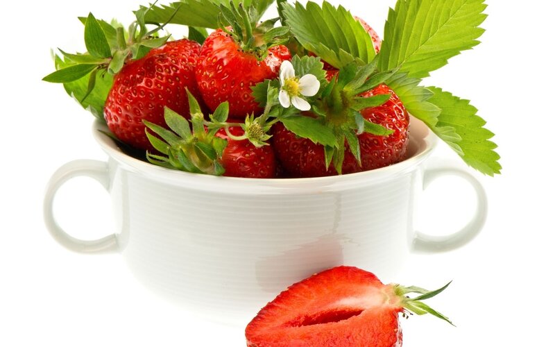Strawberries in a Bowl — Red, Fresh, Photograph, Leaves, Flower