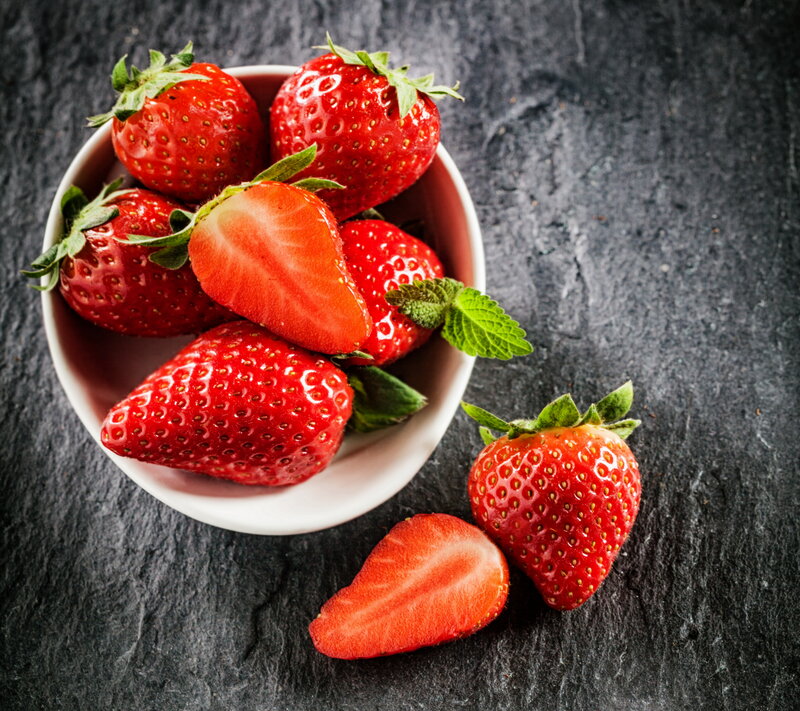 Strawberries in a Bowl — Red, Fresh, Photograph, Mint Leaf