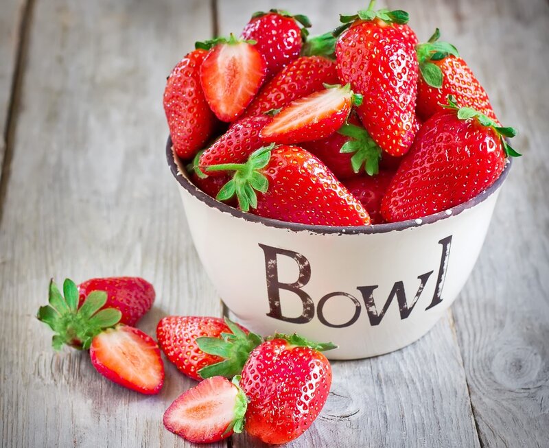 Strawberries in a Bowl — Red, Fresh, Photograph, Wooden Surface