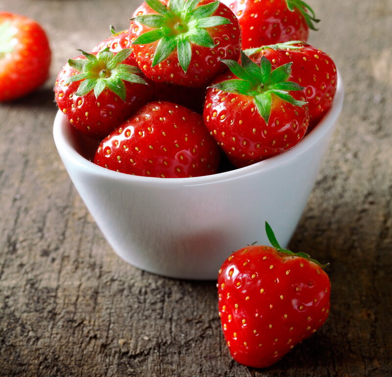 Strawberries in a Bowl — Red, Natural, Photograph, Wooden Surface