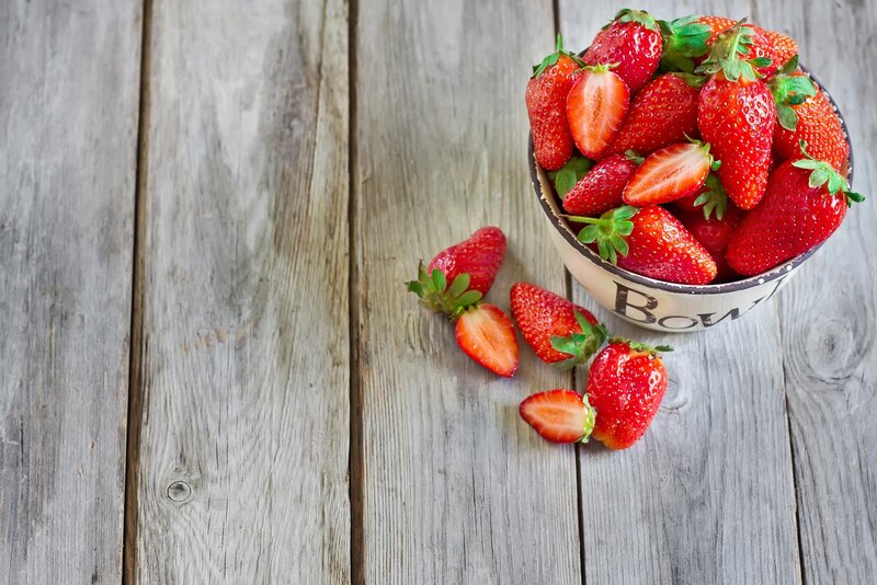 Strawberries in a Bowl — Red, Natural, Photograph, Wooden Table