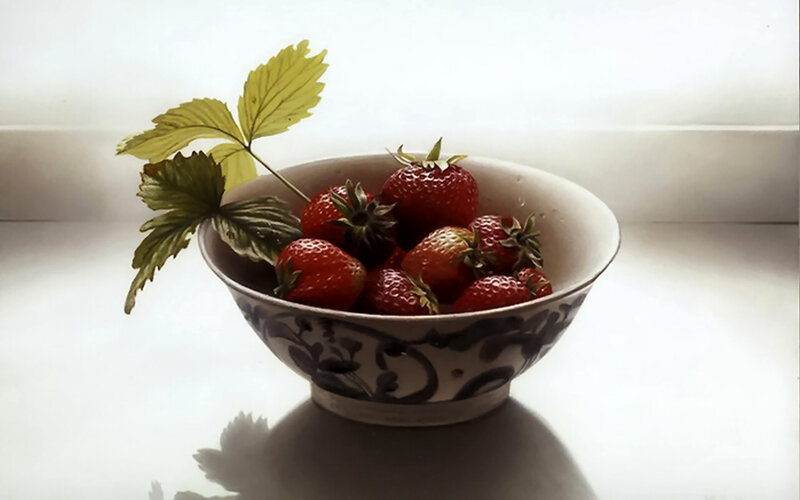Strawberries in a Bowl — White, Serene