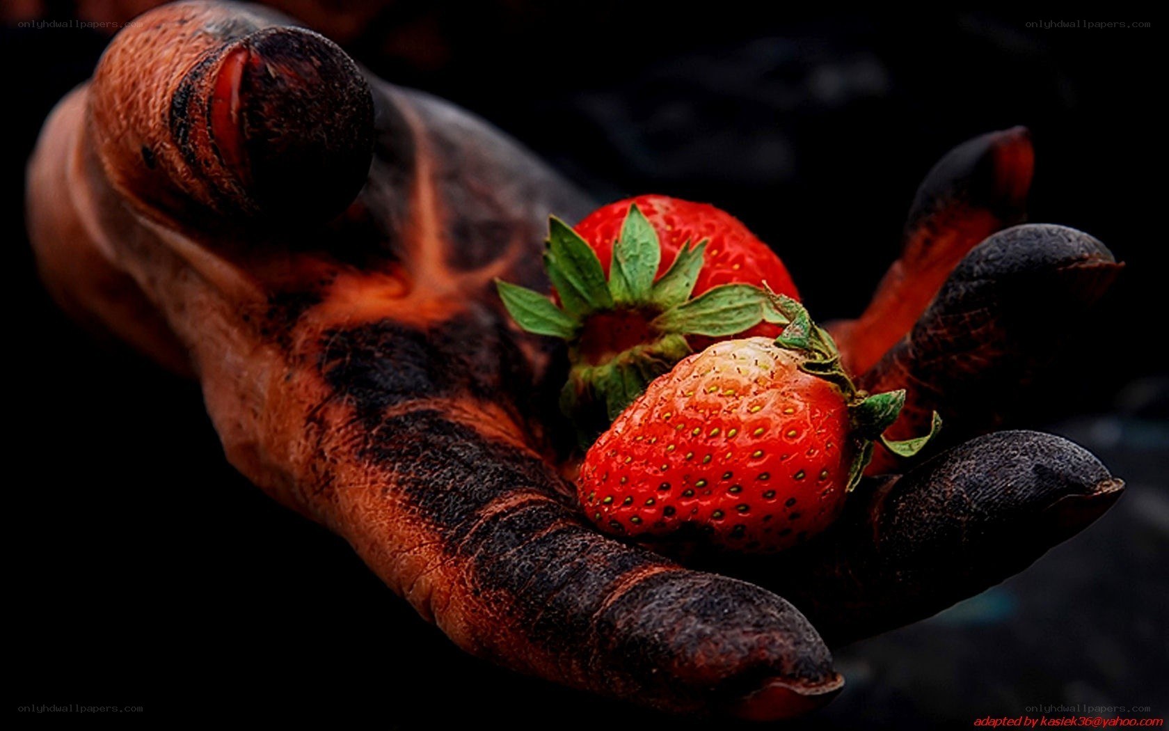 strawberries in a burnt hand