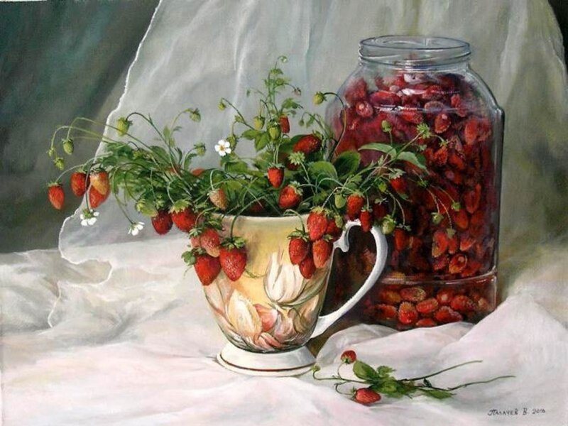 Strawberries in a Cup — Red, Serene, Painting