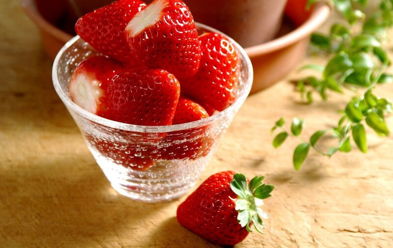 Strawberries in a glass bowl