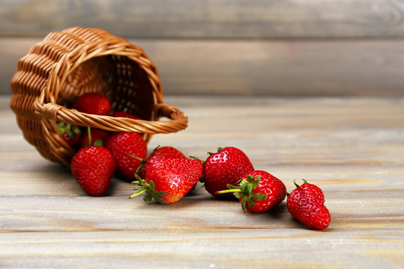 Strawberries in Basket — Red, Calm, Photograph, Wooden Table