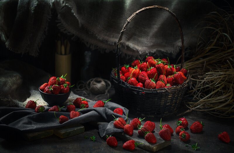 Strawberries in Basket — Red, Dramatic, Photograph, Cloth
