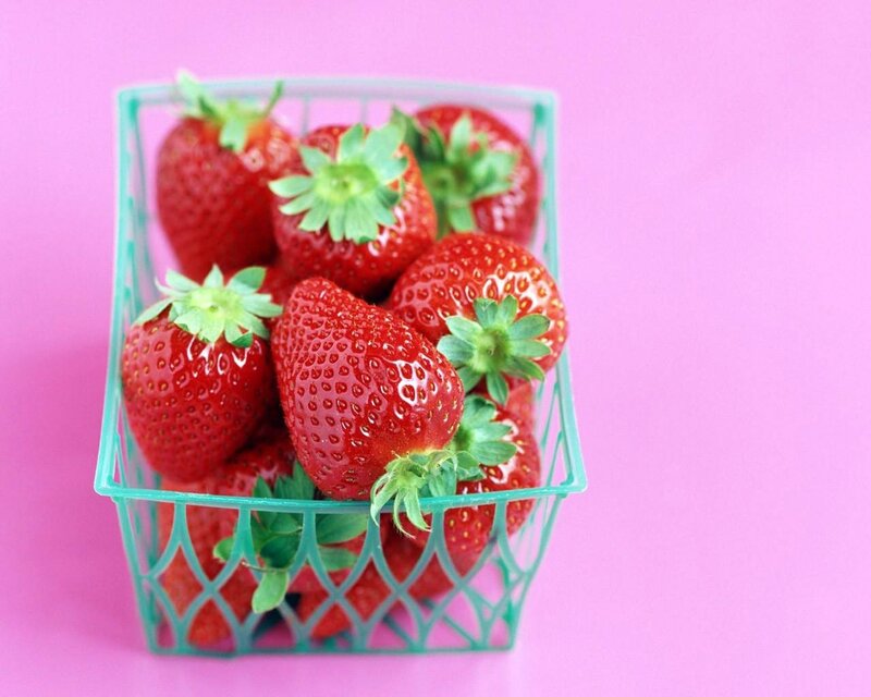 Strawberries in Basket — Red, Fresh, Photograph, Green Stems, Pink Background