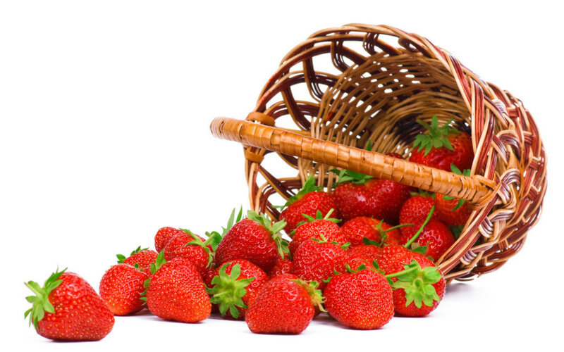Strawberries in Basket — Red, Fresh, Photograph, White Background