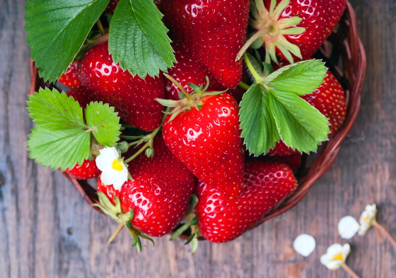 Strawberries in Basket — Red, Natural, Photograph, Green Leaves