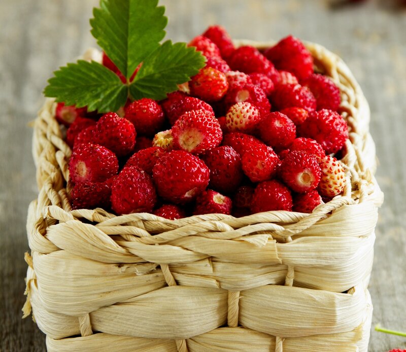 Strawberries in Basket — Red, Natural, Photograph, Leaf