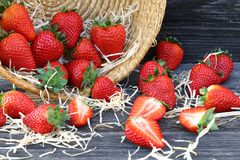 Strawberries in Basket — Red, Natural, Photograph, Wooden Surface