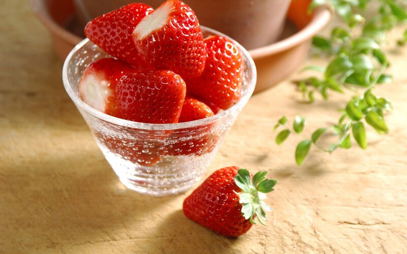 Strawberries in Glass Bowl — Red, Natural, Afternoon, Photograph, Glass Bowl, Wooden Surface