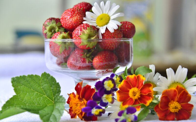 Strawberries in Glass Bowl — Red, Serene, Summer, Photograph