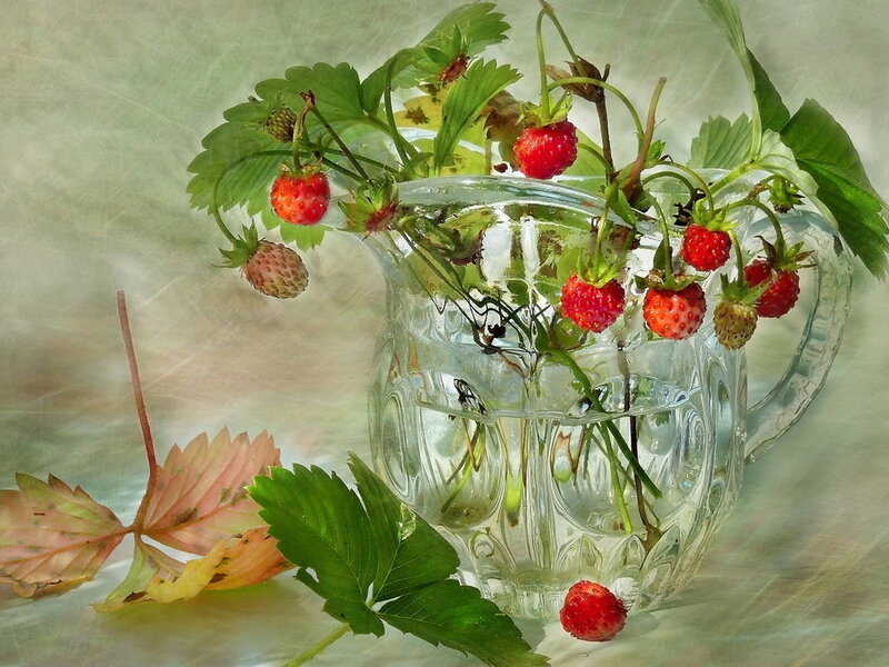 Strawberries in Glass Pitcher