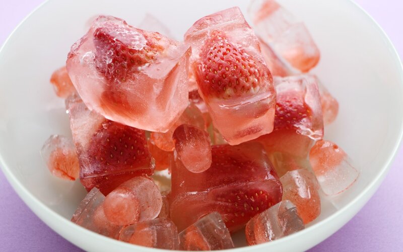 Strawberries in Ice Cubes — White, Cool, Photograph