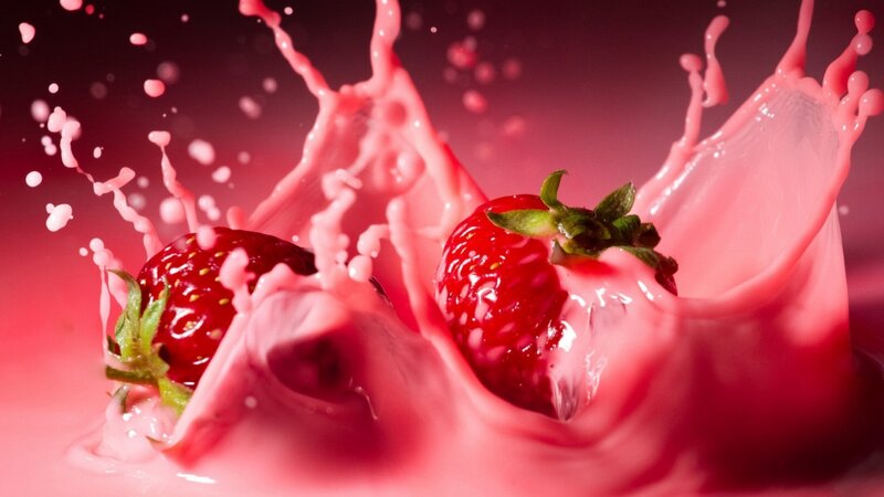 Strawberries in Milk Splash — Red, Dynamic, Photograph, Green Leaves