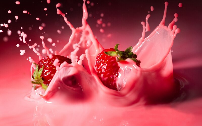 Strawberries in Pink Liquid — Dynamic, Photograph, Liquid Splash