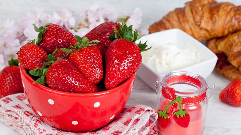 Strawberries in Red Bowl — Calm, Morning, Photograph